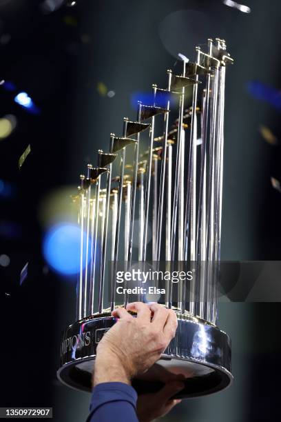 The Commissioner's Trophy is held following the Atlanta Braves 7-0 victory against the Houston Astros in Game Six to win the 2021 World Series at...