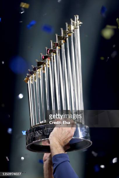 The Commissioner's Trophy is held following the Atlanta Braves 7-0 victory against the Houston Astros in Game Six to win the 2021 World Series at...