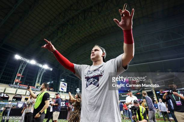 Joc Pederson of the Atlanta Braves celebrates after the 7-0 victory against the Houston Astros in Game Six to win the 2021 World Series at Minute...