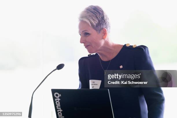 Women’s Cricket World Cup 2022 Chair Liz Dawson speaks during the Women in Sport Fund announcement at Hagley Oval on November 03, 2021 in...