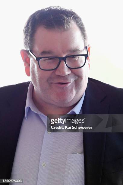 New Zealand Sport Minister Grant Robertson speaks during the Women in Sport Fund announcement at Hagley Oval on November 03, 2021 in Christchurch,...