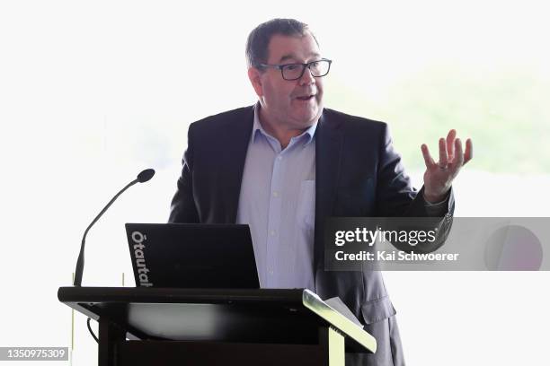 New Zealand Sport Minister Grant Robertson speaks during the Women in Sport Fund announcement at Hagley Oval on November 03, 2021 in Christchurch,...