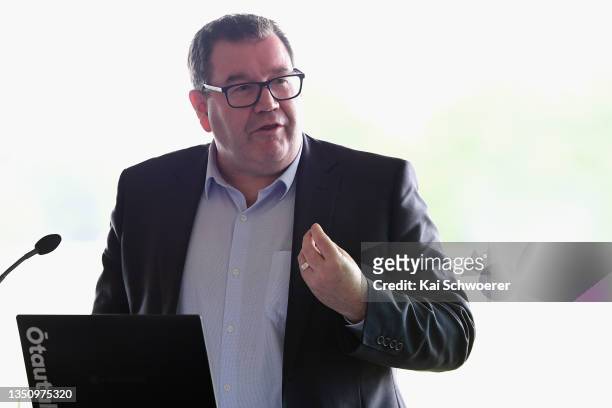 New Zealand Sport Minister Grant Robertson speaks during the Women in Sport Fund announcement at Hagley Oval on November 03, 2021 in Christchurch,...