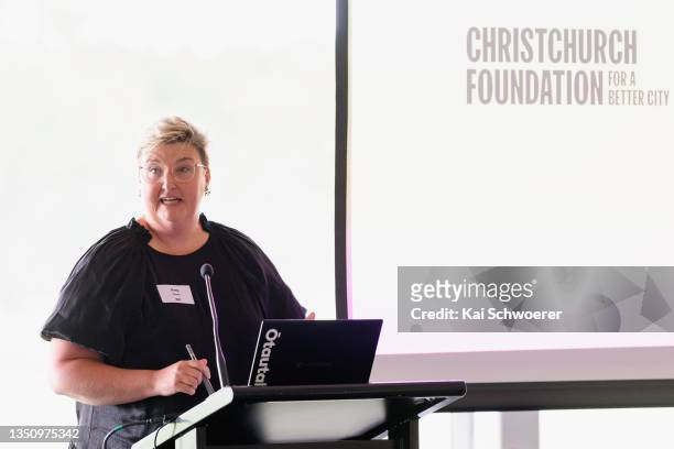 Christchurch Foundation Chief Executive Amy Carter speaks during the Women in Sport Fund announcement at Hagley Oval on November 03, 2021 in...