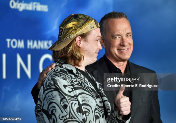 Caleb Landry Jones and Tom Hanks attend the Los Angeles premiere of Apple Original Films' "Finch" at The Pacific Design Center on November 2, 2021 in...