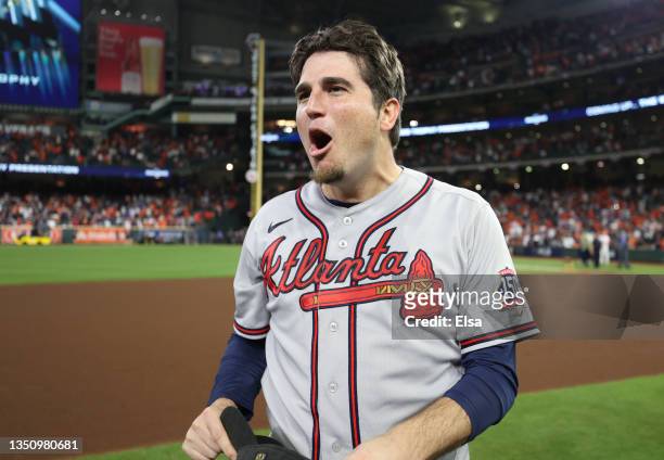 Luke Jackson of the Atlanta Braves celebrates on the field after defeating the Houston Astros 7-0 in Game Six of the World Series at Minute Maid Park...