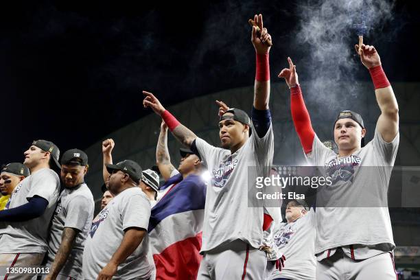 The Atlanta Braves celebrate their 7-0 victory against the Houston Astros in Game Six to win the 2021 World Series at Minute Maid Park on November...