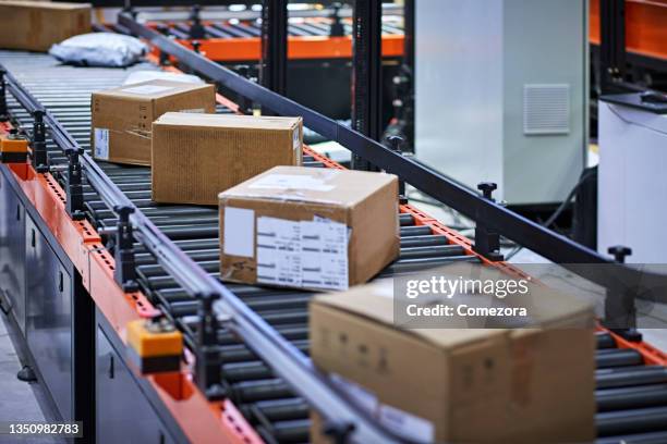 cardboard box at logistics factory's conveyor belt - mailing foto e immagini stock