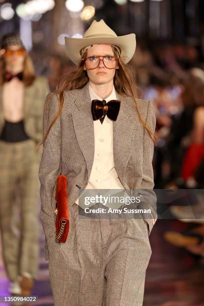 Model walks the runway for Gucci Love Parade on November 02, 2021 in Hollywood, California.