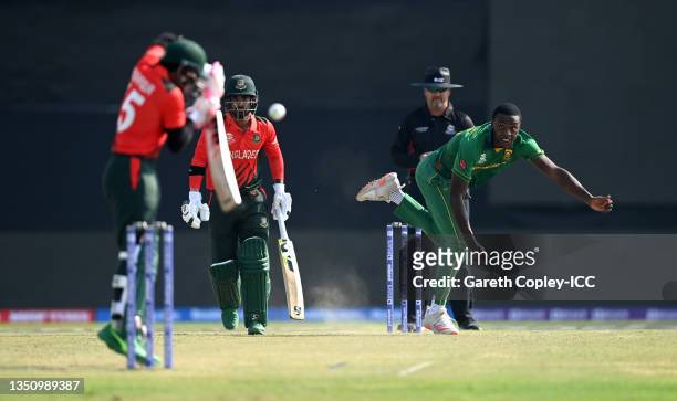 Kagiso Rabada of South Africa bowls during the ICC Men's T20 World Cup match between South Africa and Bangladesh at Sheikh Zayed stadium on November...