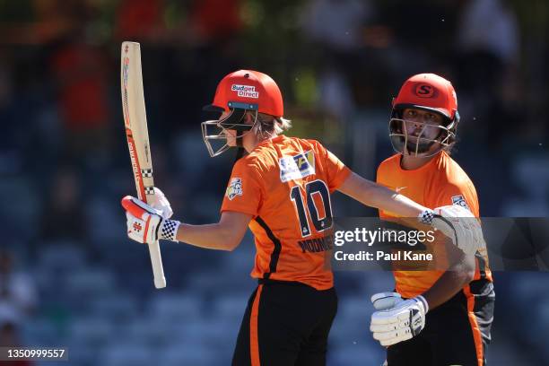 Beth Mooney of the Scorchers celebrates her century during the Women's Big Bash League match between the Melbourne Renegades and the Perth Scorchers...
