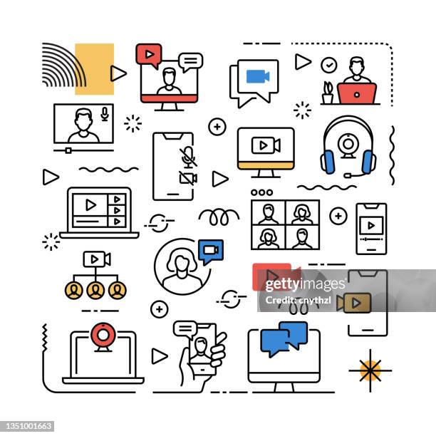 online meeting related design element. pattern design with outline icons. colorful vector illustration - webinar computer screen stock illustrations