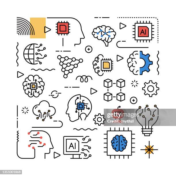 artificial intelligence related design element. pattern design with outline icons. colorful vector illustration - manufacturing forge stock illustrations