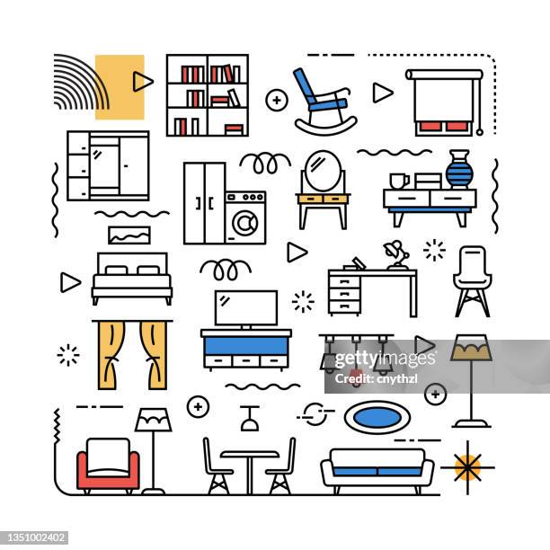 furniture related design element. pattern design with outline icons. colorful vector illustration - modern condominium stock illustrations