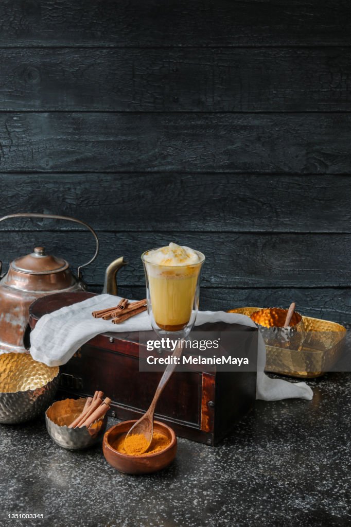 Tumeric Chai Latte Kurkuma Golden Milk with Foam and Spices