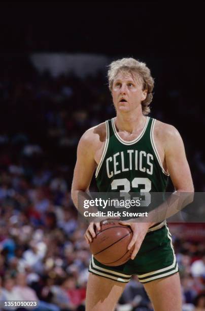 Larry Bird, Power Forward for the Boston Celtics prepares to shoot a free throw to the basket during the NBA Pacific Division basketball game against...