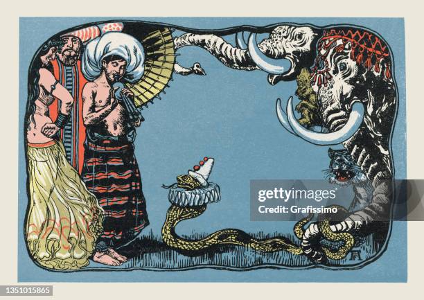 group of circus performer with animals art nouveau 1897 - snake illustration stock illustrations