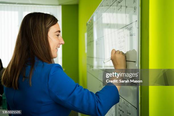 manager writing on a whiteboard in office - städutrustning bildbanksfoton och bilder