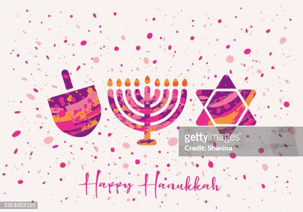 stockillustraties, clipart, cartoons en iconen met splattered paint textures hanukkah greeting card - pink color - dreidel