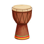 African djembe drum, reggae Jamaica traditional musical instrument in cartoon style isolated on white background. Ethnic, . Vector illustration