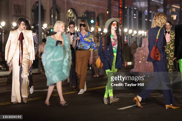 Model walks the runway at the 2021 Gucci Love Parade down Hollywood Boulevard on November 02, 2021 in Hollywood, California.