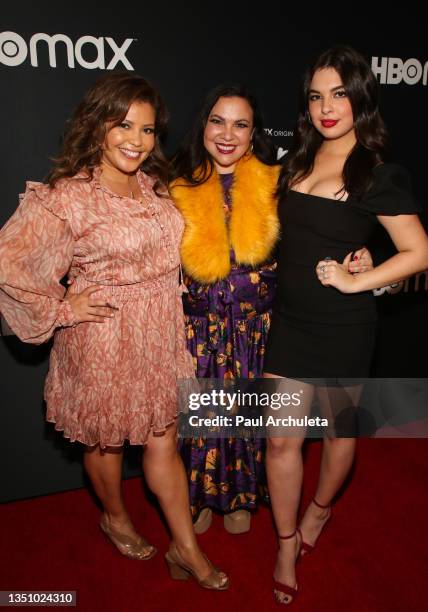 Actors Justina Machado, Gloria Calderon Kellett and Isabella Gomez attend the premiere of HBO Max's "Aida Rodriguez: Fighting Words" at The Conga...