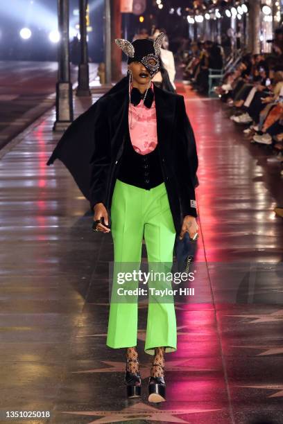 Model walks the runway at the 2021 Gucci Love Parade down Hollywood Boulevard on November 02, 2021 in Hollywood, California.