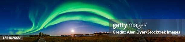 panorama of the northern lights from the boardwalk in rotary park, yellowknife, canada. - yellowknife stock-fotos und bilder