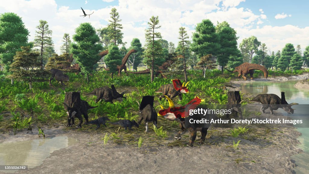 Artist's concept of the Javelina Formation in Texas. Pictured are Bravoceratops, a few troodons and a small herd of Alamosaurus.