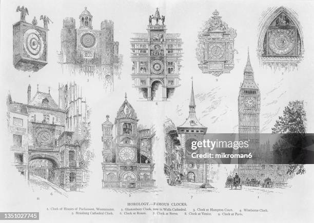 old engraved illustration of horology - famous clocks - hampton court palace clock stock pictures, royalty-free photos & images