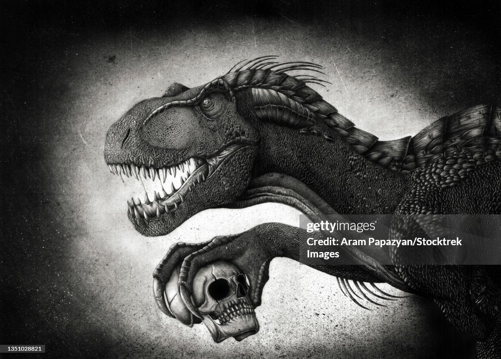 Indoraptor dinosaur grasping a skull with its talon.