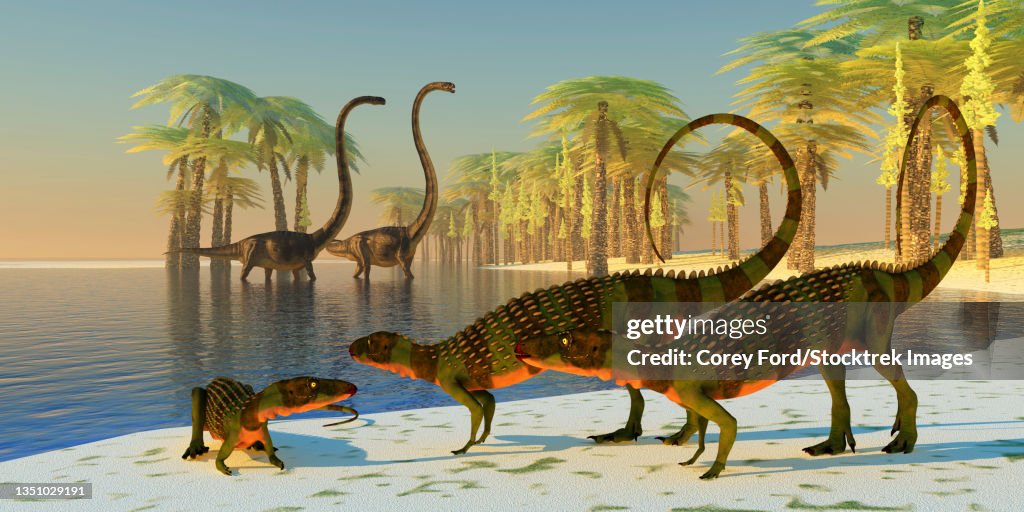 Omysaurus Scutellosaurus Dinosaurs Lounge Around The Edge Of A Pond With ...