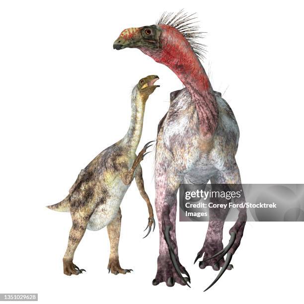 stockillustraties, clipart, cartoons en iconen met therizinosaurus dinosaur with juvenile. - therizinosaurus