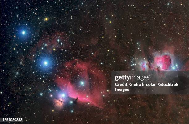 widefield view of orion's belt, messier 42 and the horsehead nebula. - orion belt stock pictures, royalty-free photos & images