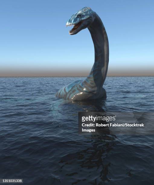 plesiosaur dinosaur in its ocean habitat. - prehistoric era stock-grafiken, -clipart, -cartoons und -symbole