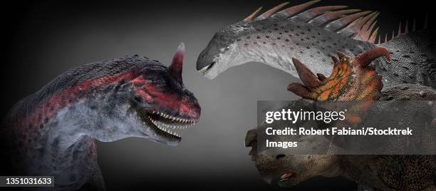 illustrations, cliparts, dessins animés et icônes de carnotaurus, amargasaurus, and pachyrhinosaurus dinosaurs. - carnotaure