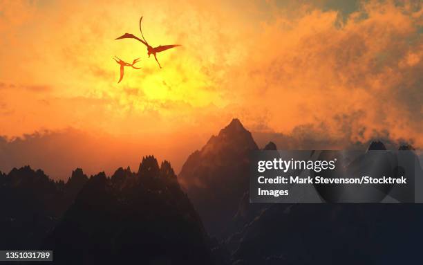 quetzalcoatlus flying high in cretaceous skies. - quetzalcoatlus stock-grafiken, -clipart, -cartoons und -symbole
