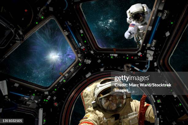 illustrations, cliparts, dessins animés et icônes de artist's concept of astronauts outside the cupola window of the space station. - satellite view