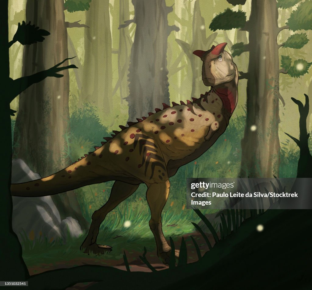 A Carnotaurus dinosaur in a forest.