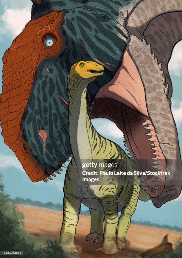 A Pycnonemosaurus dinosaur about to eat a Gondwanatitan.