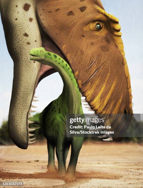 stockillustraties, clipart, cartoons en iconen met a young argentinosaurus about to be eaten by a giganotosaurus. - argentinosaurus