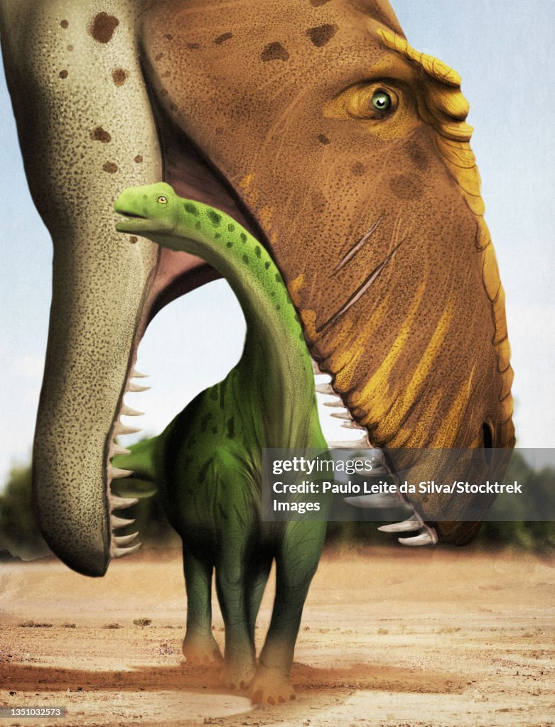 A young Argentinosaurus about to be eaten by a Giganotosaurus.