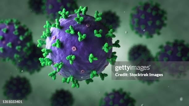 biomedical illustration of a group of floating lassa virus. - arenavirus stock illustrations