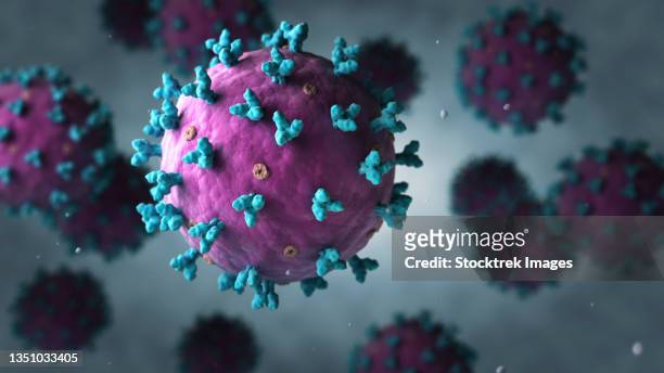 biomedical illustration of a group of floating lassa virus. - arenavirus stock illustrations