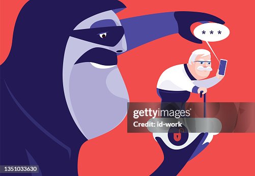 Senior man standing on unsafe cloud computing and checking smartphone with scammer surveillance behind Senior man standing on unsafe cloud computing and checking smartphone with scammer surveillance behind