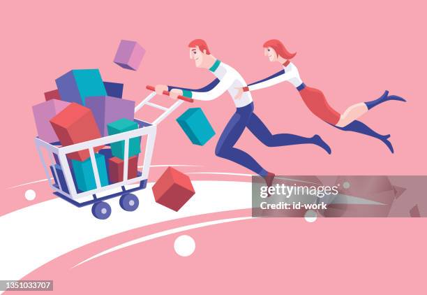 stockillustraties, clipart, cartoons en iconen met couple pushing shopping cart - spending money