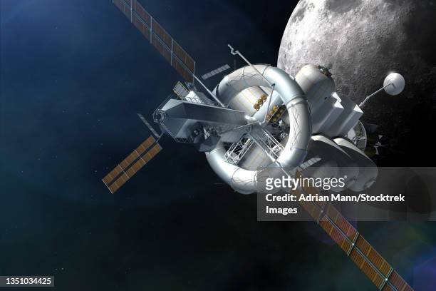 stockillustraties, clipart, cartoons en iconen met speculative spacecraft nautilus x leaves lunar orbit. - mann