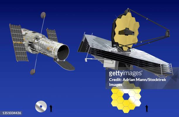 hubble space telescope and james webb space telescope size comparison. - hubble space telescope stock illustrations