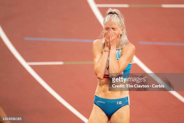 Sara Kuivisto of Finland reacts after failing to qualify for the final after finishing in sixth place in the Women's 800m Semi-Final Two at the...