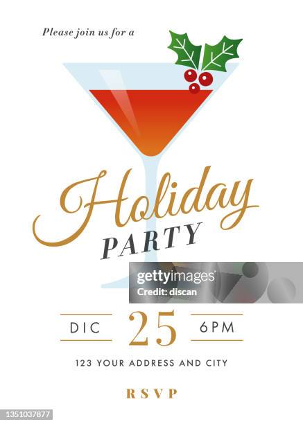 ilustrações de stock, clip art, desenhos animados e ícones de holiday cocktail party invitation with martini glass. vector illustration. - happy hour